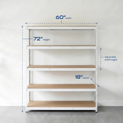 Slick Modular Garage Shelving Rack Featuring Five Heavy Duty Steel Shelves And Bright White Finish Zero Sweat Assembly Top Shelf Home Storage Organizer 18 By 60 By 72 Inches