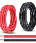 4 Gauge Battery Cable Kit 30 Feet Total Red And Black Pure Copper OFC Wire Welding Cable For Automotive Battery, Solar, And Generator Use, Heavy Duty EPDM Insulated 4 AWG showing red and black coils.