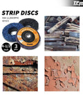 Pro Grade Four Five Inch Angle Grinder Stripping Discs For Swift Paint Rust And Oxidation Removal, 3 pack and surfaces shown.