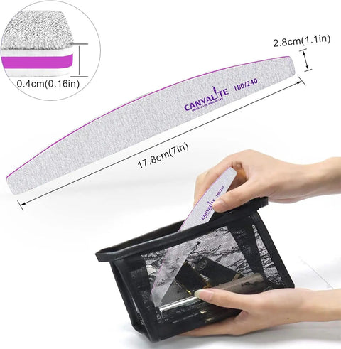 Nail Files For Natural Nails 180 And 240 Grit Emery Boards Double Sided Nail File Set in mesh pouch, showing file size and dimensions