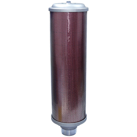 2 Inch NPT Air Compressor Muffler Exhaust Silencer For Dryers And Compressed Air Equipment, Cuts Noise For Quiet Operation, Single Chamber, 145 PSI Rating, Replacement Part For Industrial Systems visible in silver and red mesh design.