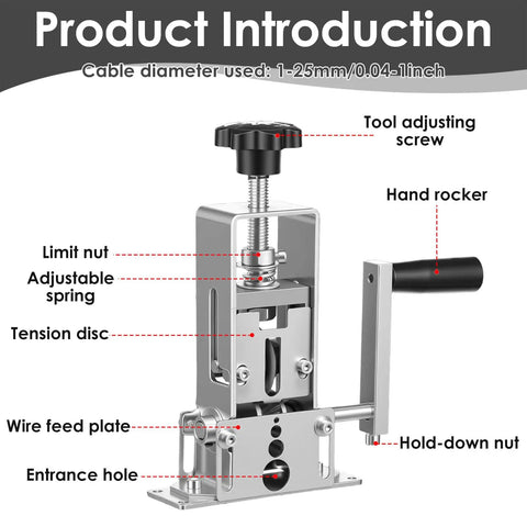 Product introduction of Heavy Duty Drill Powered Wire Stripper Machine For Copper Scrap Recycling and Electrical Work with details on components.