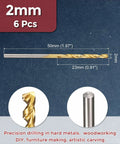 Side view of 2mm TiN-coated M2 HSS twist drill bit, 6-piece set