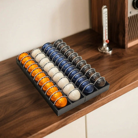 Nespresso Vertuo Pod Drawer Organizer For Countertop, Fits All Vertuo Capsules, shown with capsules on a wooden counter