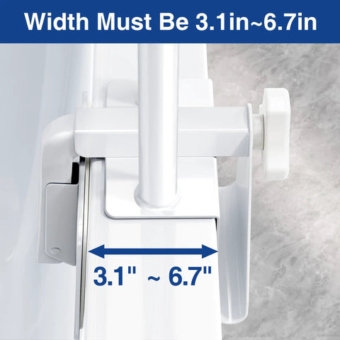 Rock Solid Adjustable Bathtub Safety Rail And Grab Bar Handle With Non Skid Grip showing clamp width measurement 3.1in to 6.7in for installation.