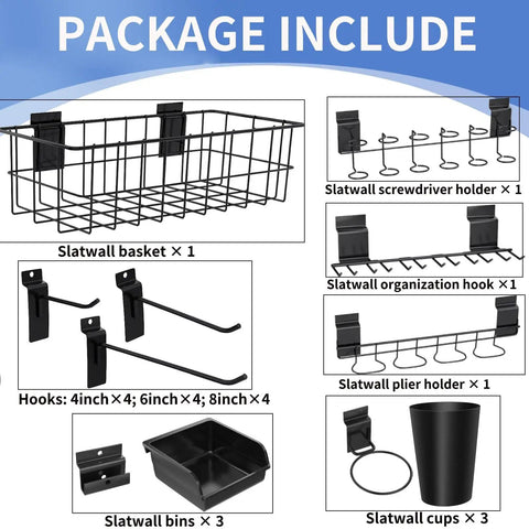 Slatwall Organizer Kit 28 Piece Set With Hooks In 4 6 And 8 Inch Sizes Bins Baskets Cups And Screwdriver Holders For Garage Or Workshop Tool Storage Black, shown with components including basket, holders, hooks, bins, and cups.