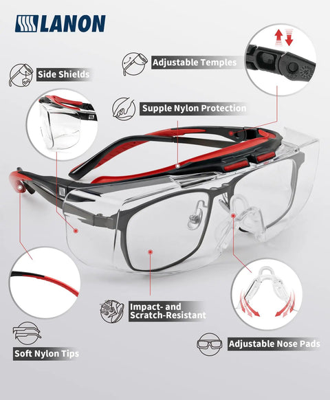 Over Eyeglasses Safety Glasses With ANSI Z87 1 Lenses Anti Fog And Scratch Resistant UV Protection Soft TPR Nose Pads Adjustable Fit Eyewear Goggles For Work Clear Vision All Day EN ISO 16321 1 2022 Compliant with adjustable features and protection details