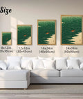 Ocean Rowing Boat Canvas Print Dope Framed Wall Art For Living Room Minimalist Aesthetic Modern Home Decor 24x36 Inches With Wood Frame And Rich Vibrant Colors displayed in various sizes above a white sofa.