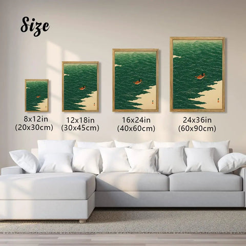 Ocean Rowing Boat Canvas Print Dope Framed Wall Art For Living Room Minimalist Aesthetic Modern Home Decor 24x36 Inches With Wood Frame And Rich Vibrant Colors displayed in various sizes above a white sofa.