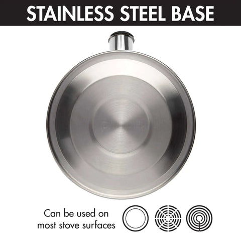 Bottom view of Whistling Stovetop Tea Kettle With Food Grade Stainless Steel, 1.5 Quart Capacity, showing stainless steel base.