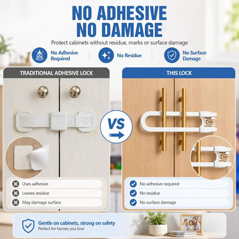 Comparison of traditional adhesive lock versus no adhesive dual handle cabinet locks for kid proofing with no surface damage