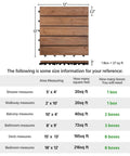 Dimensions and coverage info for Interlocking Patio Deck Tiles 12x12 Inch Wood Floor Tiles Outdoor Flooring for Patio Garden Deck Poolside Brown All Weather Fir Wood PVC With Easy Snap Lock System No Hassle Setup Durable Exterior Flooring.
