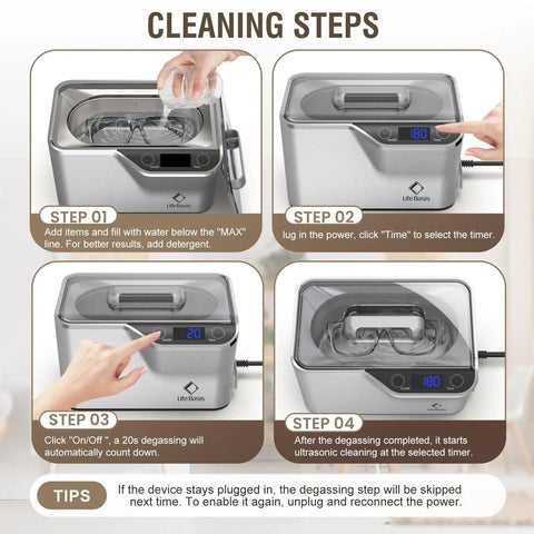 Ultrasonic Cleaner 45kHz 35W 20oz Digital Timer Pro Grade Jewelry Cleaner steps with watch holder and buttons displayed.
