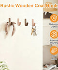 No Sweat Self Adhesive Wood Hooks, 6 Piece Set With Real Beech And Walnut Grain, rustic hooks displaying scarf and keys.