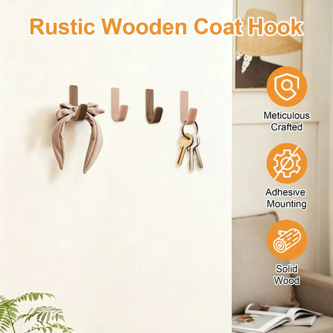 No Sweat Self Adhesive Wood Hooks, 6 Piece Set With Real Beech And Walnut Grain, rustic hooks displaying scarf and keys.