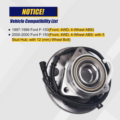 Drop In Front Wheel Bearing And Hub Assembly For Ford F150 1997 1998 1999 2000 4WD With ABS 5 Lug 12mm Wheel Bolt Front Position
