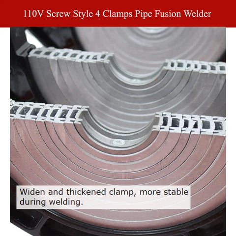 Close-up of clamps on Four Clamp Pipe Fusion Welder Hand Crank Butt Fusion Welding Machine 110V Heavy Duty Pro Grade Piping Tool