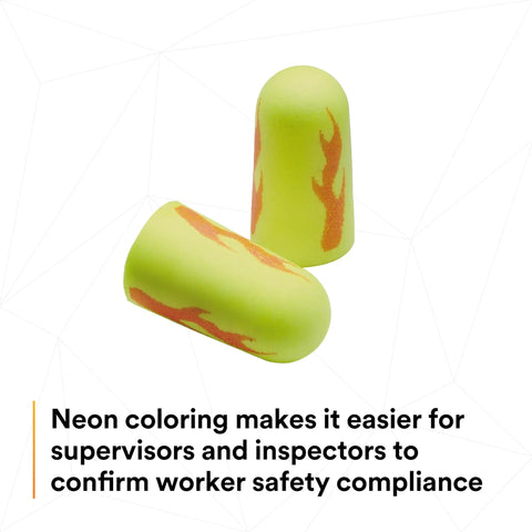 Neon Yellow E A Rsoft Foam Ear Plugs 200 Pairs Box NRR 33 for industrial safety, showing flame design and neon color.