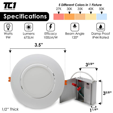 4 Inch Canless Ultra Thin Gimbal LED Downlight Kit 4 Pack With No Fuss Rotating Lens Dimmable 5CCT Switch 2700K 3000K 3500K 4000K 5000K All In One Fixture 9W Equal 80W Quick Connectors Contractor Ready 5 Year Warranty