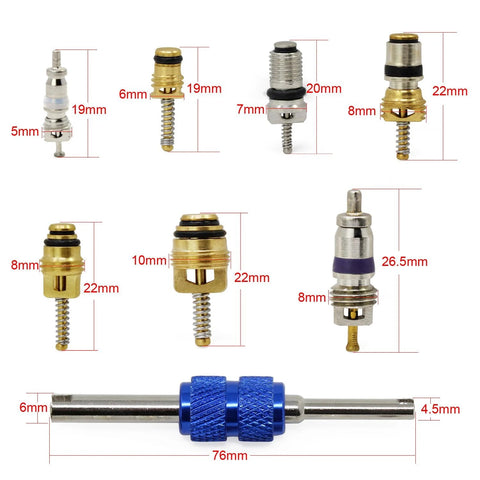 40-piece automotive AC valve cores set for R12/R134a with blue knurled removal tool