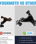 Comparison image of front lower control arm suspension kit with ball joints for Buick Enclave 2008 to 2017 Chevrolet Traverse 2009 to 2017 GMC Acadia 2007 to 2016 Saturn Outlook 2007 to 2010 6 piece set showing precision machined quality vs standard quality.