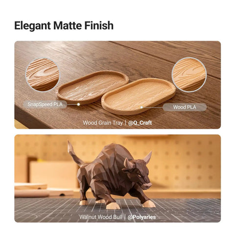 Straight Up Wood PLA Filament 1.75mm For 3D Printers With Realistic Maple Grain And Matte Finish used in wood grain trays and bull model.