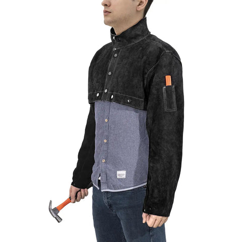 Heavy Duty Welding Cape Sleeve Made From Tough Split Cowhide Leather Flame Resistant Welder Jacket worn by man holding a hammer.