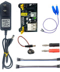 Breadboard Power Supply Module With 3.3V And 5V Outputs, 9V 1A Adapter Included, Alligator Clip Test Leads, Banana Plug Kit shown
