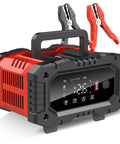 Beefy All In One 7 Stage Car Battery Maintainer and Trickle Charger for 12V and 24V systems with clamps, front view