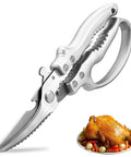 Heavy Duty Poultry Shears For Chicken And Bone Cutting Stainless Steel 3Cr13 Kitchen Scissors Sharp Wear Resistant Edge Rust Proof Multi Purpose Kitchen Tool For Poultry Beef And More, silver close-up with roasted chicken