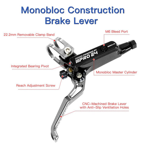 Front view of ZTZ IIIPRO E4 MTB hydraulic brake set, black, 4-piston, pre-bled with front 800mm and rear 1550mm lines.