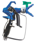 Job Site Ready Airless Paint Spray Gun Featuring No Sweat Adjustments And RAC X Quick Swap Switch Tip, blue and silver handheld design.
