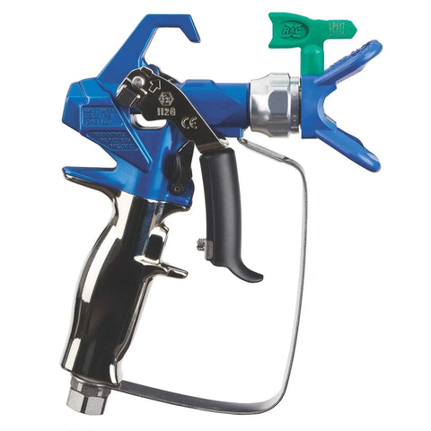 Job Site Ready Airless Paint Spray Gun Featuring No Sweat Adjustments And RAC X Quick Swap Switch Tip, blue and silver handheld design.