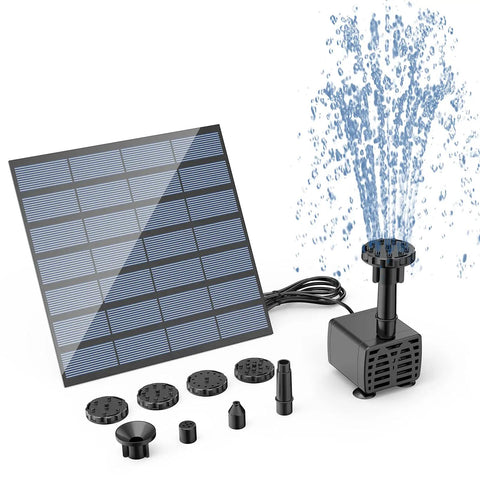 DIY Solar Water Pump Kit For Outdoor Water Features With Six Nozzles, solar panel and pump spraying water