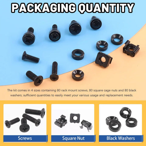 Badass M5 M6 Cage Nuts Kit With Screws Contains 80 Pieces Of Heavy Duty Black Fasteners displaying screws, square nuts, and washers.