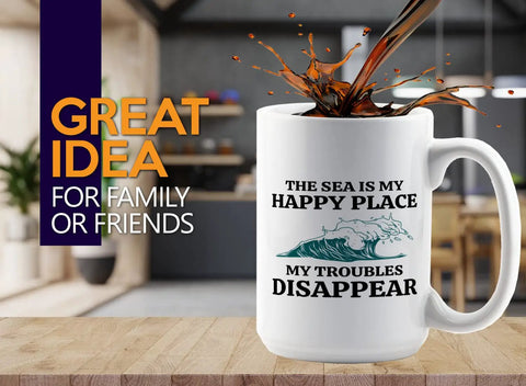 Sailor Themed 15oz White Coffee Mug for Boaters and Mariners on a wooden table with coffee spill, perfect for sea lovers and sailors.