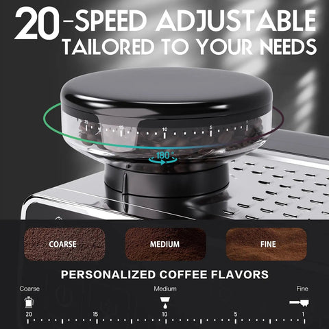 Pro Level Home Espresso Machine With Built In Conical Burr Grinder 20 Bar Pressure showcasing 20-speed adjustable grinder settings.