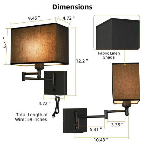 Swing Arm Wall Lamp With Dimmer And USB Port Wall Sconce Black Fabric Shade For Bedroom Living Room And Nurse Room Creates Cozy Mystical Atmosphere With Plug In Cord, showing dimensions and fabric linen shade details.