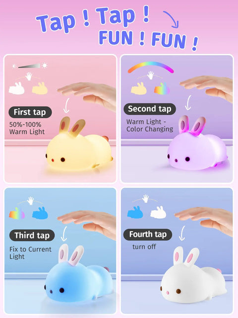 Tap control features of Lit Cute Bunny Night Light For Kids With 16 Colors Tap Control Dimmable Lamp Rechargeable Teen Room Decor