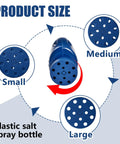 Handheld Seed Shaker And Spreader With 90 Oz Capacity showing three adjustable openings for various lawn care tasks in blue.