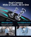 Straight Up Dope 4K Dual Camera Webcam For Streaming And Video Calls Packs Wide Angle And Telephoto Lenses next to clothing displays.