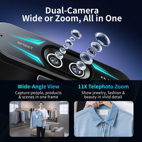 Straight Up Dope 4K Dual Camera Webcam For Streaming And Video Calls Packs Wide Angle And Telephoto Lenses next to clothing displays.