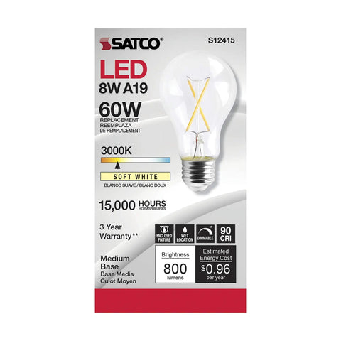 Box of 8W LED A19 Clear Filament Style Light Bulbs 3000K Soft White, Medium Base, 120V, 60W replacement, 90 CRI rating.