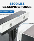 Heavy Duty 6 Inch Hitch Vise with 5500 lbs clamping force, showing replaceable jaw plates and pipe jaws for secure grip.