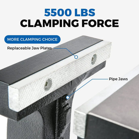 Heavy Duty 6 Inch Hitch Vise with 5500 lbs clamping force, showing replaceable jaw plates and pipe jaws for secure grip.