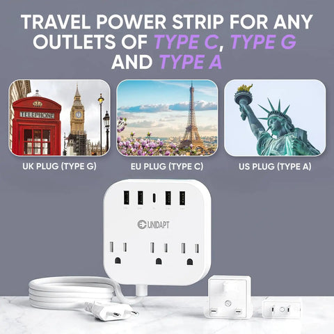 All In One International Power Strip With USB C And Four USB Ports EU UK US Plug Adapter Three AC Outlets Wall Mountable