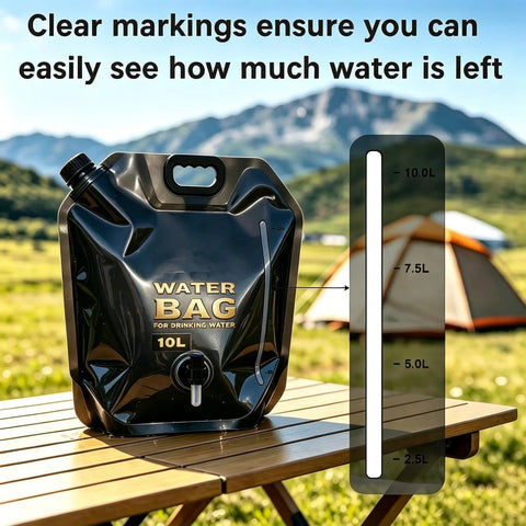 Heavy Duty Portable Camping Water Bag With Spigot For Outdoor Drinking, 10L Leak-Proof Faucet on table, camping scene