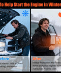 Comparison of man using Magnetic Engine Block Heater For Cars And Small Engines Universal Portable Oil Pan Warmer in winter