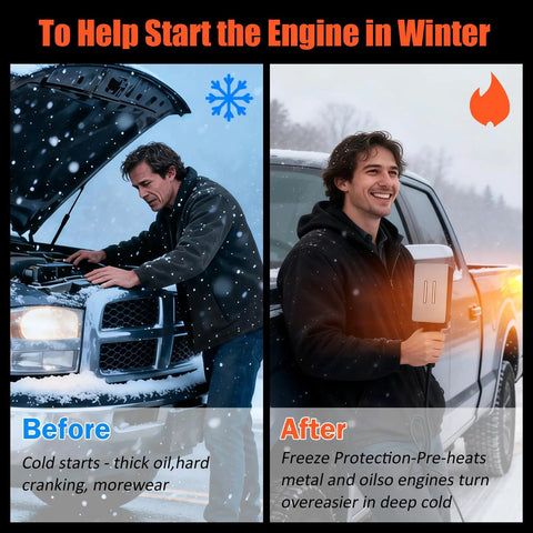 Comparison of man using Magnetic Engine Block Heater For Cars And Small Engines Universal Portable Oil Pan Warmer in winter