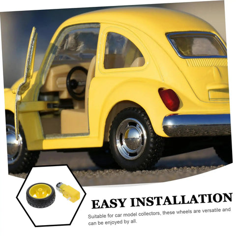 Yellow toy car with open door showcasing Electric Motor And Plastic Tire Wheel Set For RC Cars And Trucks, Easy Assembly Axles.